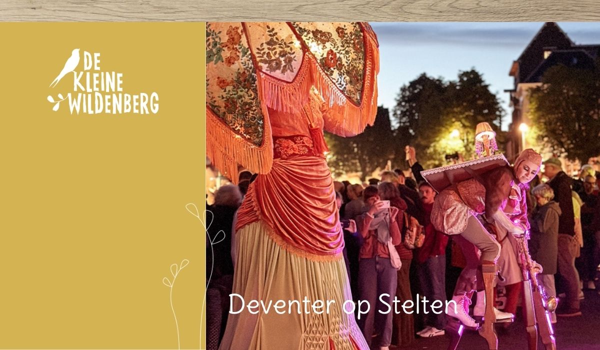 Deventer Op Stelten met verlichte steltenlopers tijdens een avondvoorstelling in de historische binnenstad