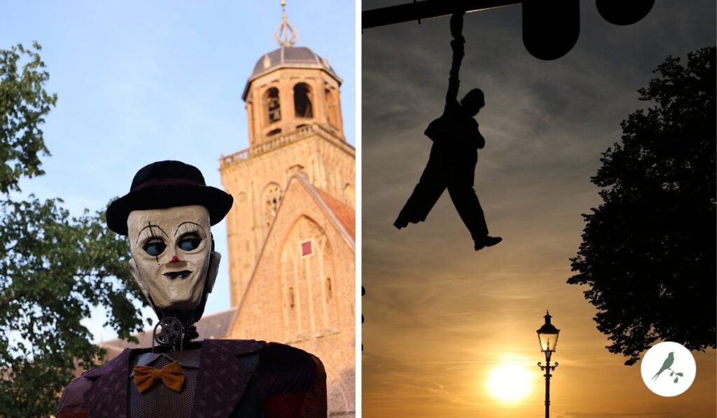 Acrobatische avondvoorstelling tijdens zonsondergang bij Deventer Op Stelten