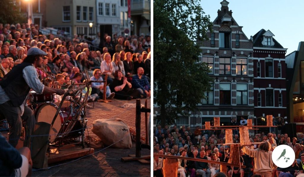 Muzikale straatvoorstelling tijdens Deventer Op Stelten op een sfeervolle Nieuwe Markt in Deventer