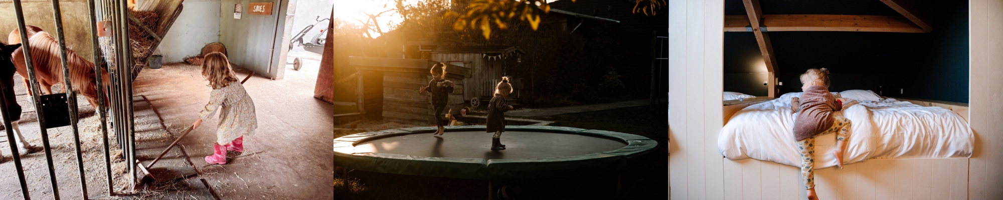 kinderen op boerderijvakantie op de trampoline, bij de pony's en in de bedstede